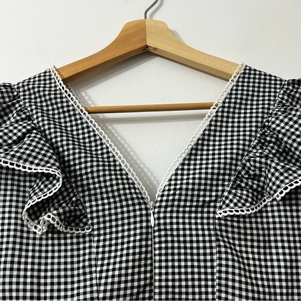 Nanette Lepore S Gingham Ruffle Tencel Peplum Blouse Retro 50s 60s Cottagecore